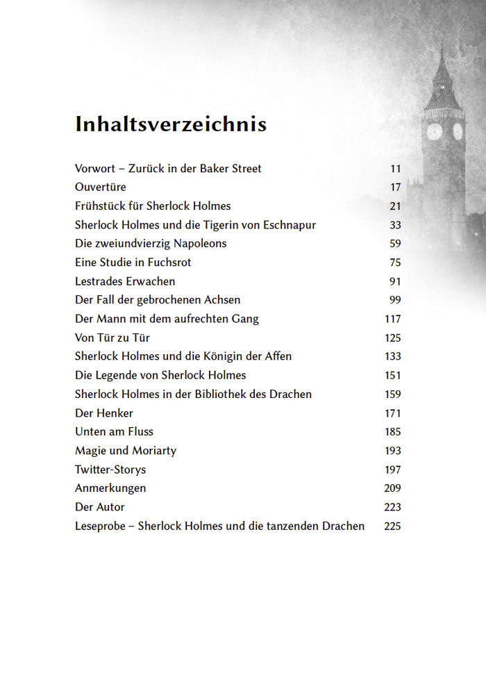 Das Inhaltsverzeichnis zu »Sherlock Holmes und die TIgerin von Eschnapur«