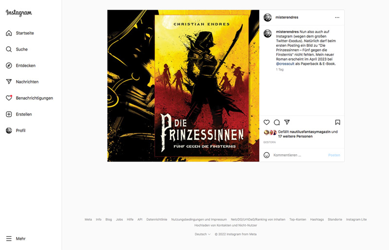 Screenshot meines Instagram-Accounts und des ersten Beitrags, das Cover zu »Die Prinzessinnen«