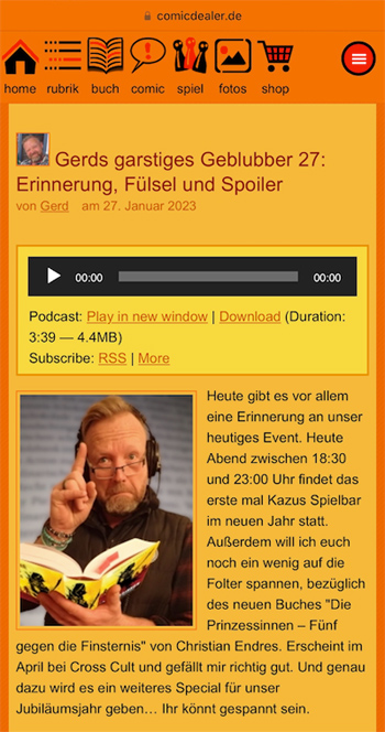 Screenshot von Gerds Comicdealer.de-Podcast, in dem er über die "Prinzessinnen" und ein noch geheimes Projekt mit Hermkes Romanboutique plaudert. Gerd trägt Headset und hält eine Fantasie-Ausgabe der "Prinzessinnen".