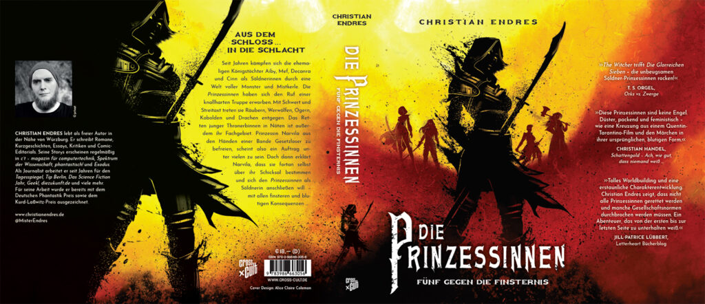 Das Einband-Design meines Romans "Die Prinzessinnen – Fünf gegen die Finsternis", mit Backcover, Klappen und Rücktitel.