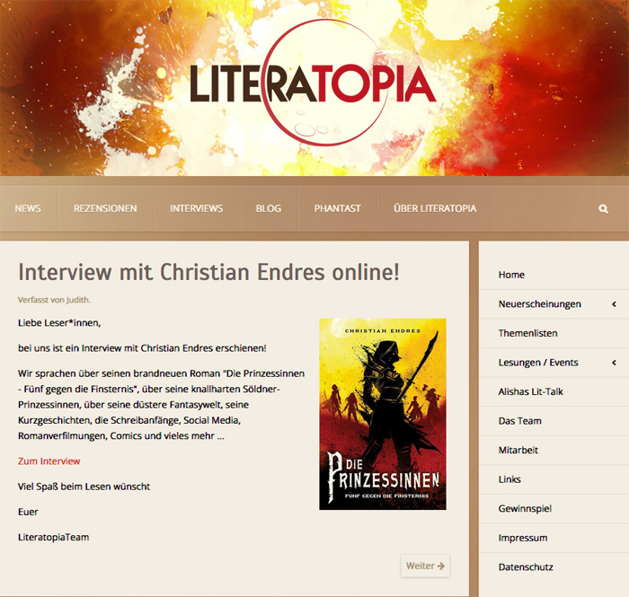 Screenshot von Literatiopia.de, wo es ein Interview mit mir gibt