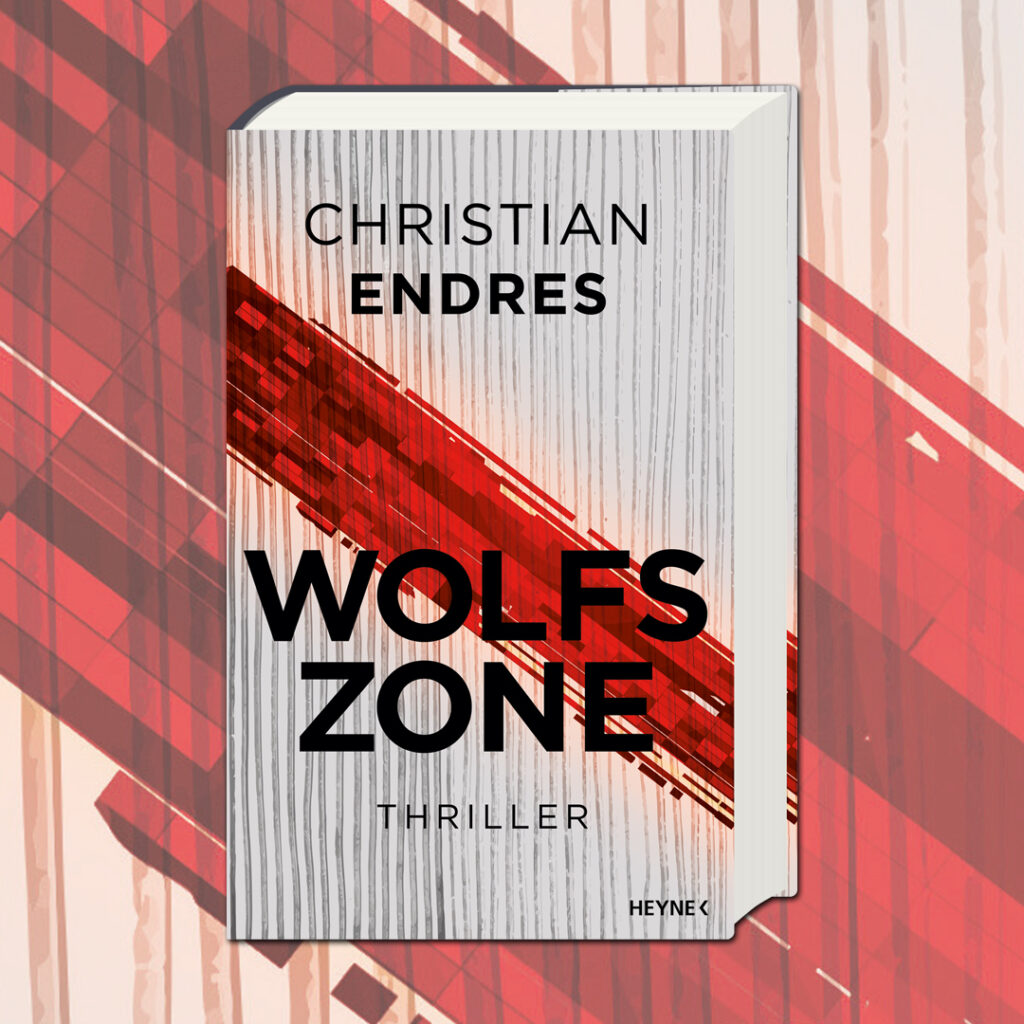 Das Cover zu Christian Endres' Sciecne-Fiction-Kriminalroman "Wolfszone" als 3D-Mockup. Das Hardcover hat eine grau-weiße Zaunoptik, große Tyopgrafie, und von links oben nach links unten verläuft ein breiter roter Balken in Blutrot, der sowohl Blut als auch Nanos symbolisiert
